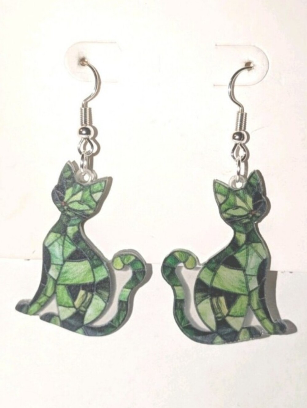 Green Mosaic Cat Dangle Earrings - Pet Cat Jewelry